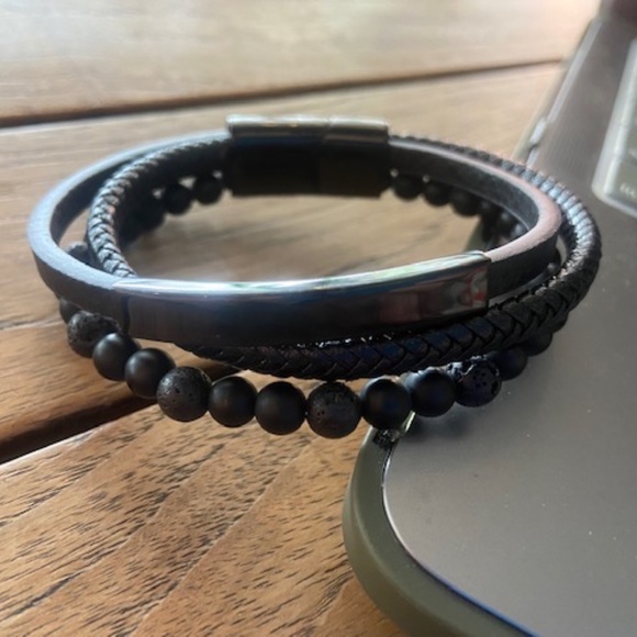 Misa & Co. Stainless Steel, 3 Strand, Lava Beads and Leather Bracelet / Black - Picture 2 of 5